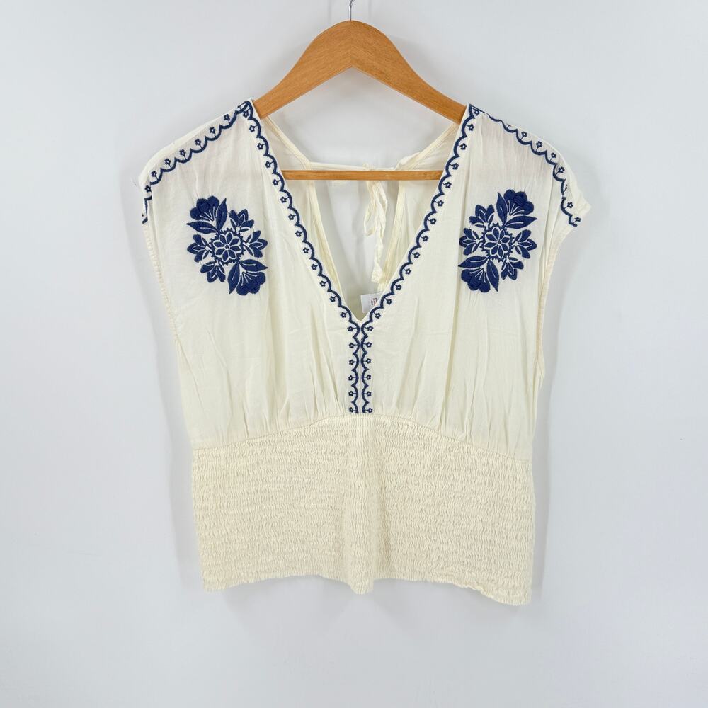 Old Navy Embroidered Peasant Top Ivory Blue Large Coastal‎ Boho Cottage